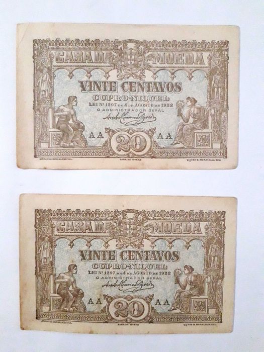 Notas-cédula de 20 centavos de 1922 Rep. Portuguesa (Casa da Moeda)