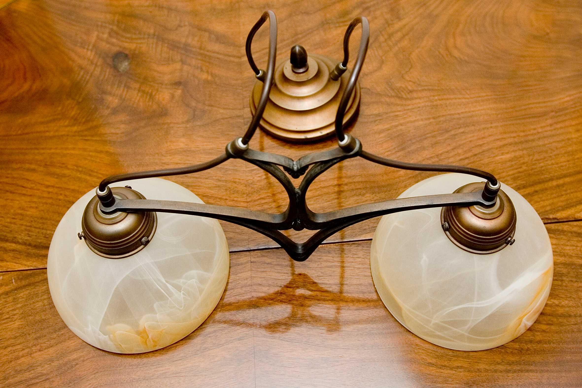 Lampa sufitowa, żyrandol szklany, vintage, mosiądz