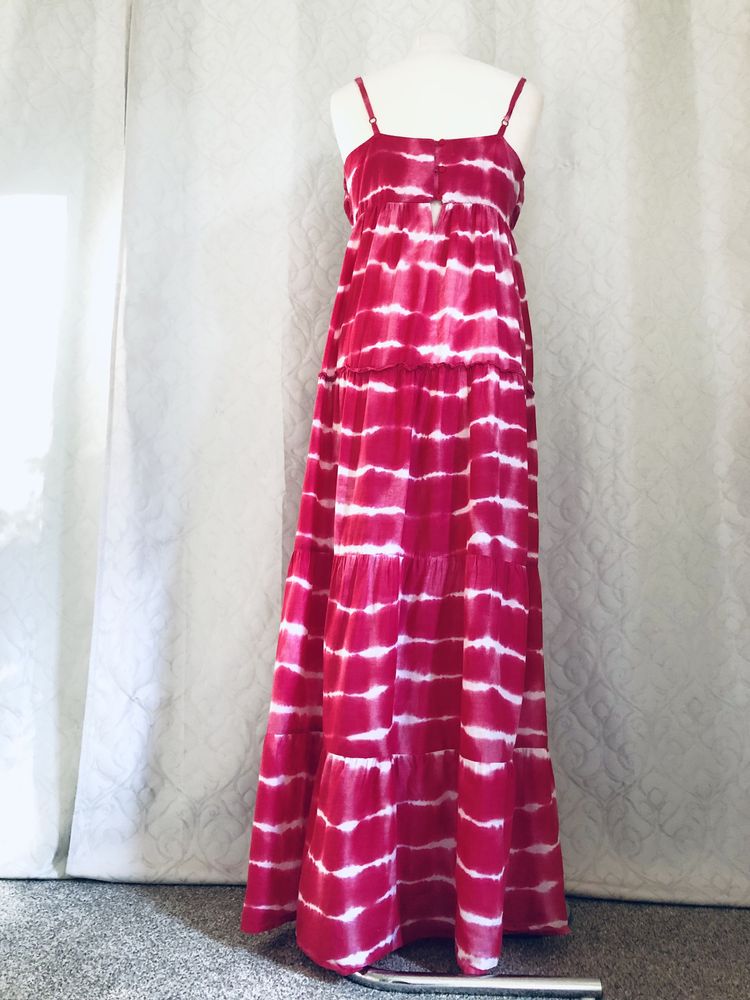 38. M/L różowa/czerwona maxi sukienka na ramiączkach Papaya, bawełna
