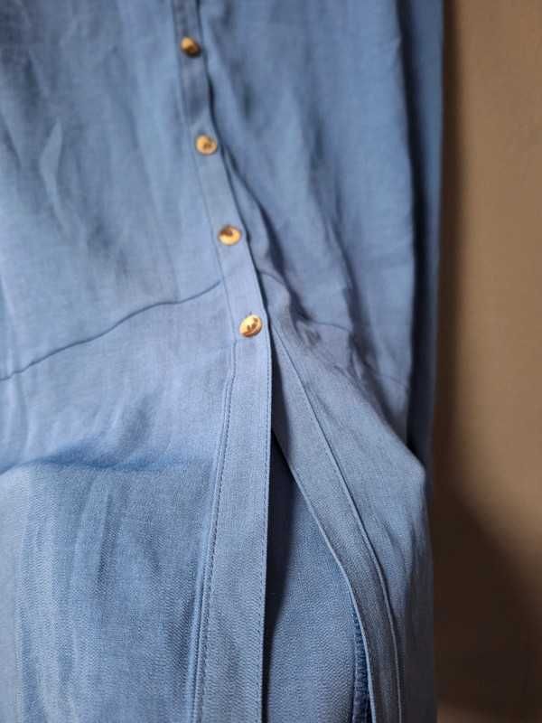 Krótka niebieska sukienka tunika na guziki długie rękawy wiosenna 36 S
