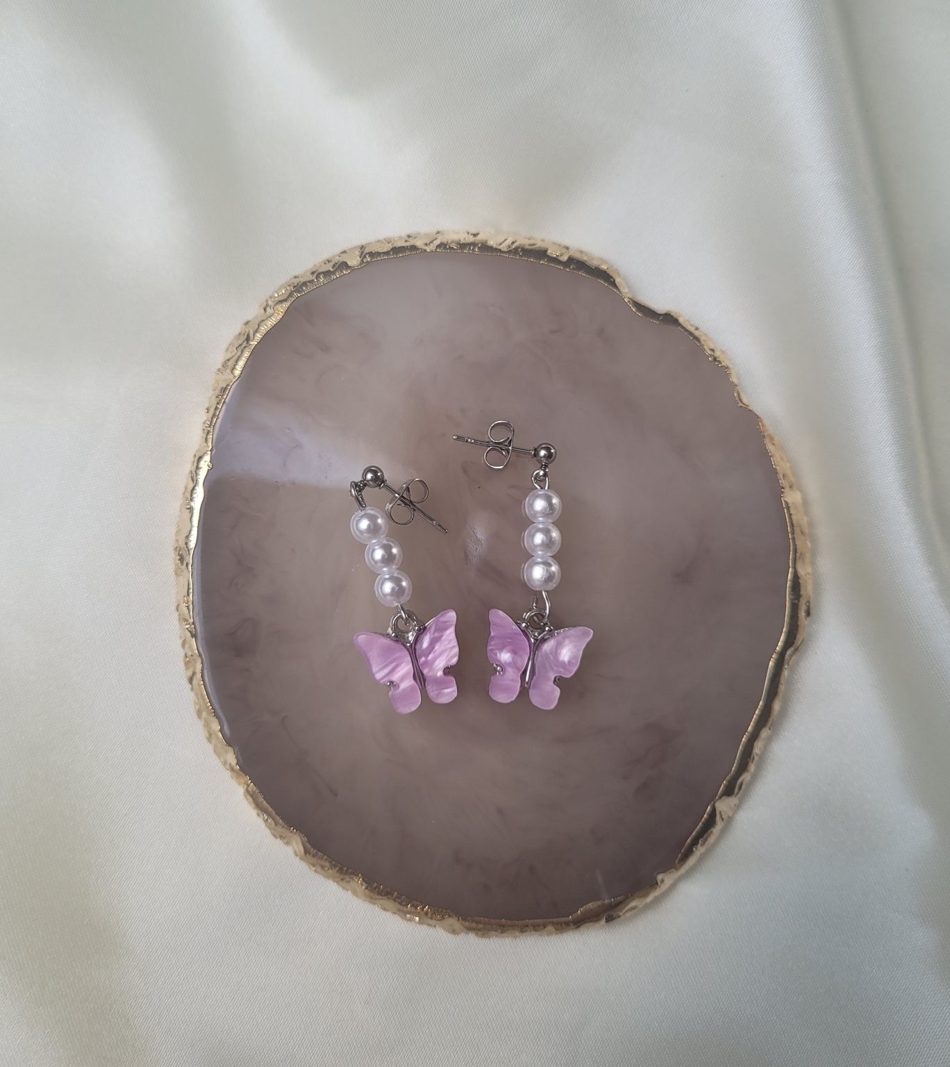Kolczyki motylki fioletowe z perełkami