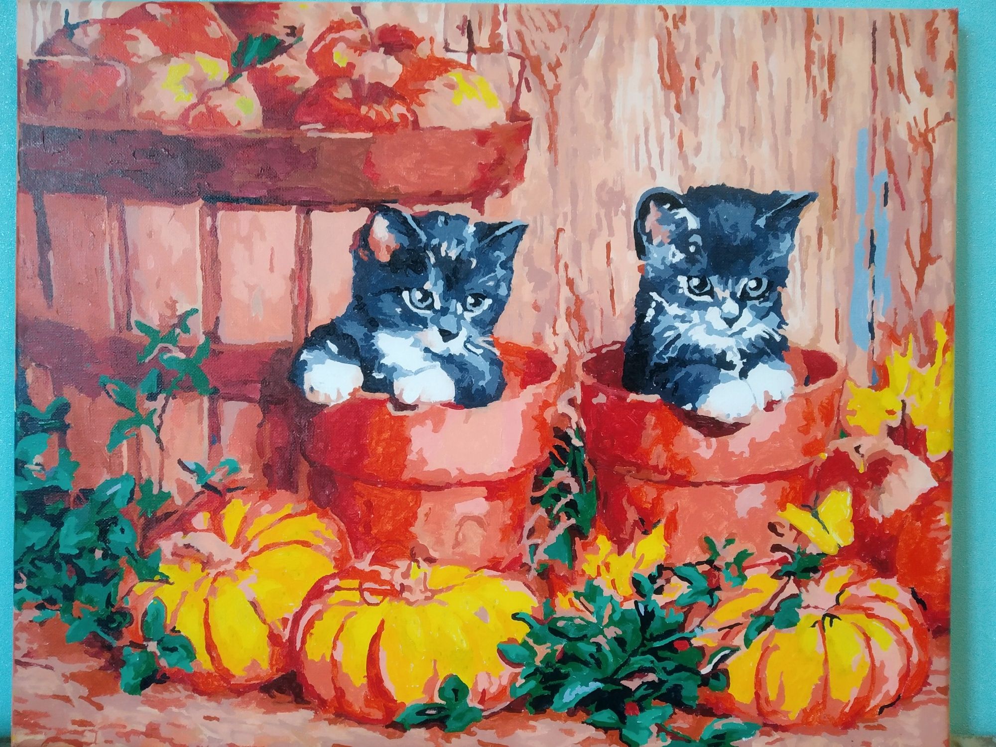 Картина ручной работы Котята, тыква, осень... 40*50 см, акрил