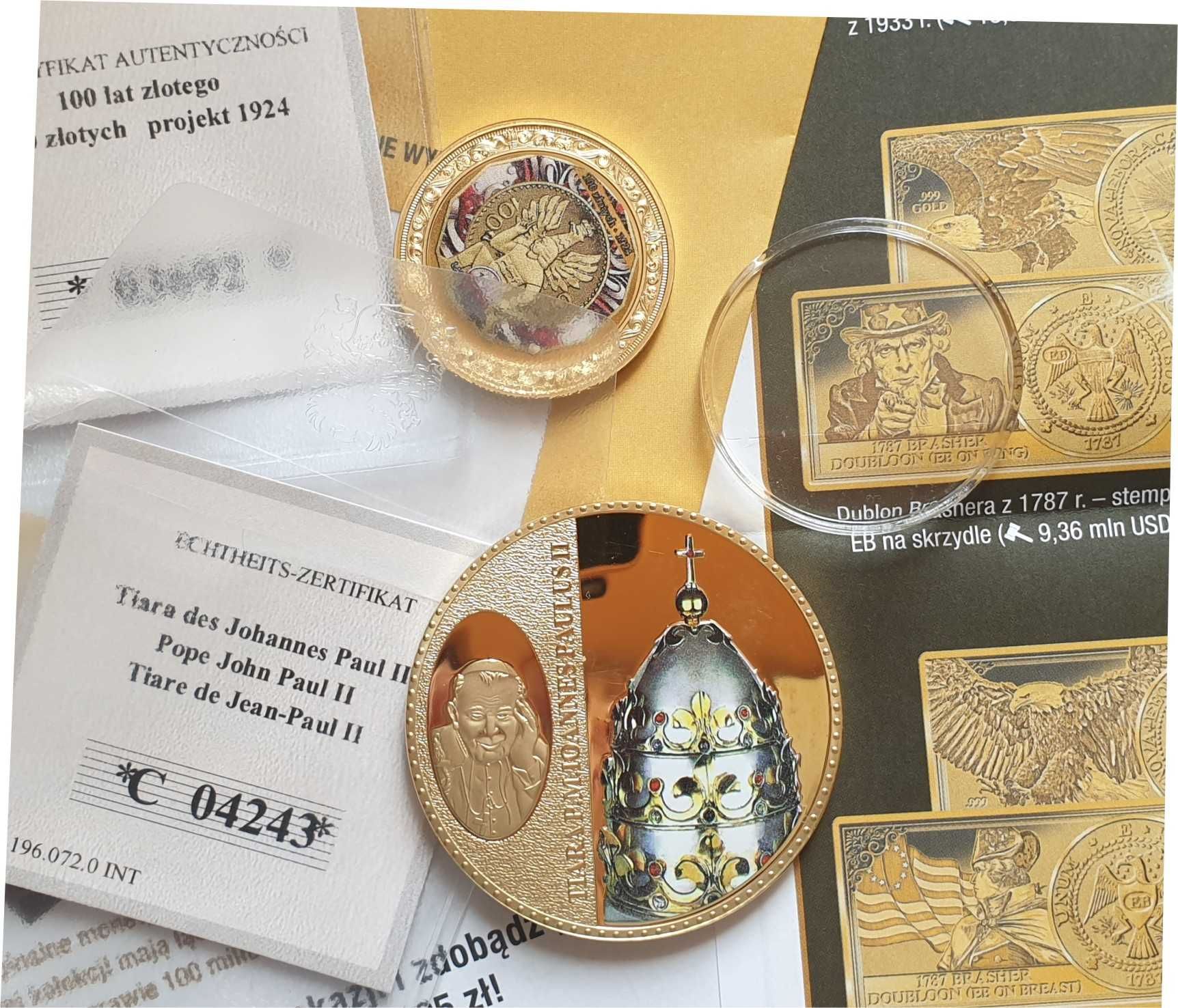 2 medale! Tiara JanaPawłaII i 100lat zł  Platerowane złotem Certyfkaty