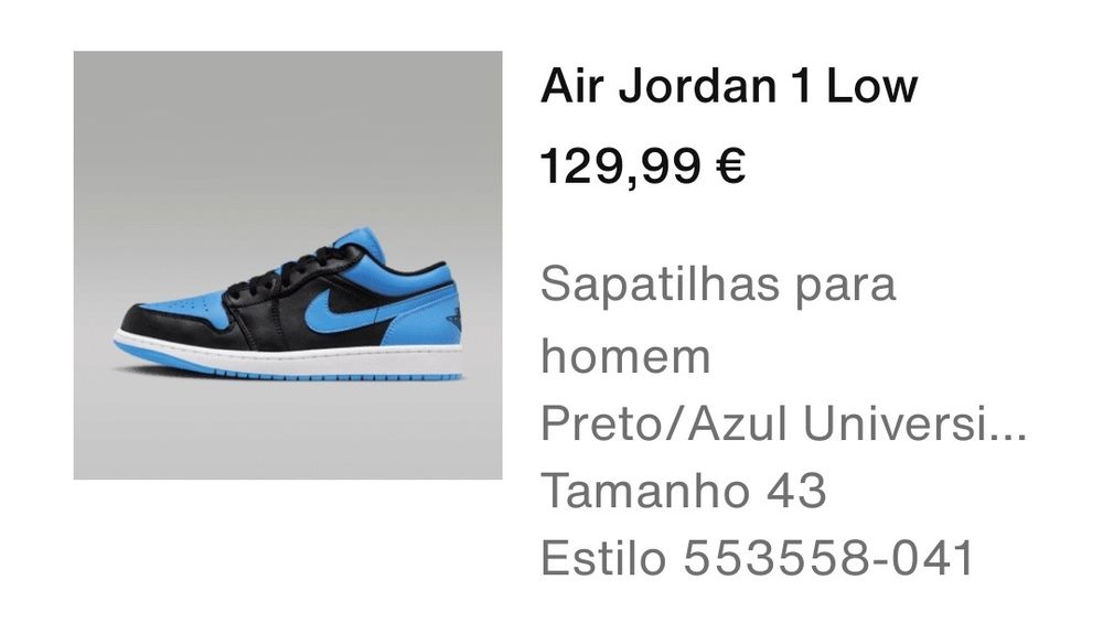 Sapatilhas Nike Air Jordan 1 Low
Sapatilhas para homem tamanho 43

Cor