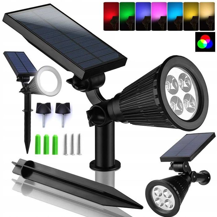 Lampa solarna LED RGB wbijana ogrodowa czujnik zmierzchu reflektor