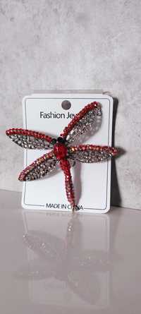 Duża broszka ważka srebrno czerwona cyrkonie fashion jewelry