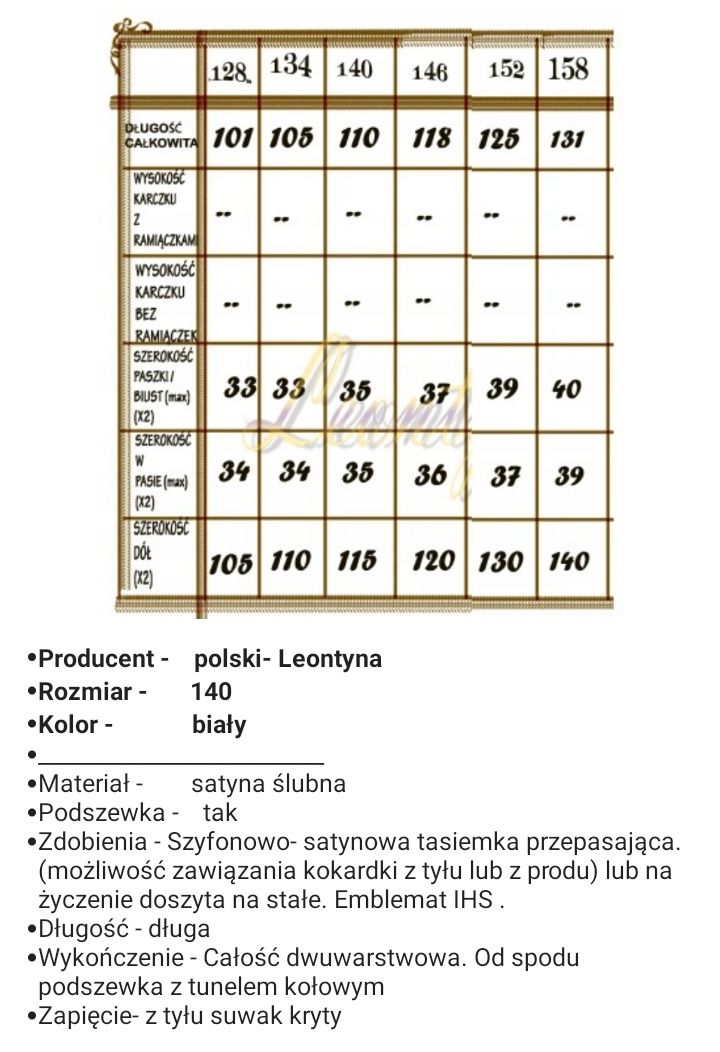 Sprzedam Sukienkę Komunijną roz. 140