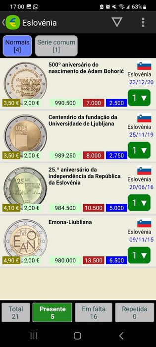 35 moedas UNC comemorativas 2 euros