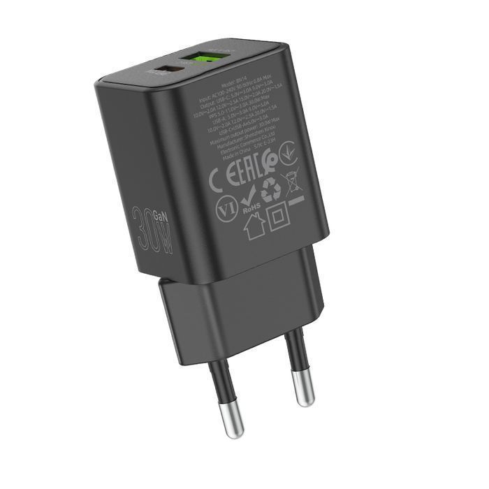Ładowarka sieciowa BN14 Royal GaN - USB + Typ C - QC 3.0 PD 30W czarna