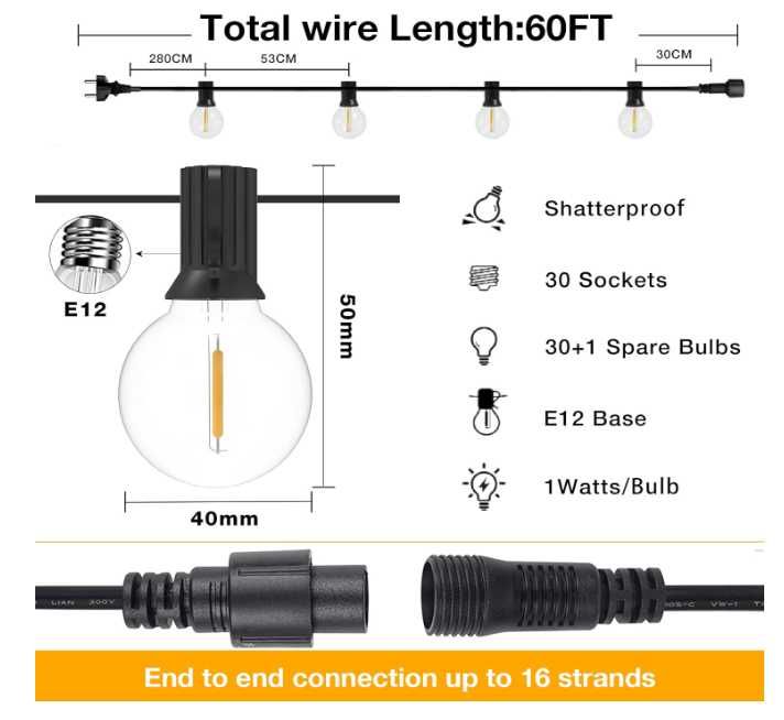Girlandy ogrodowe 18 m 30 żarówek