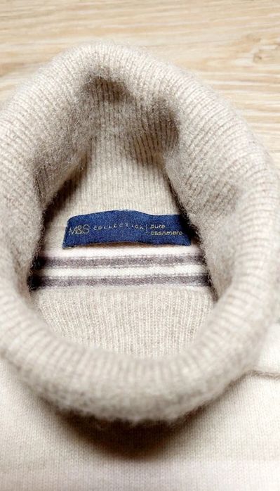 Sweter golf 100% kaszmir beżowy brązowy paski