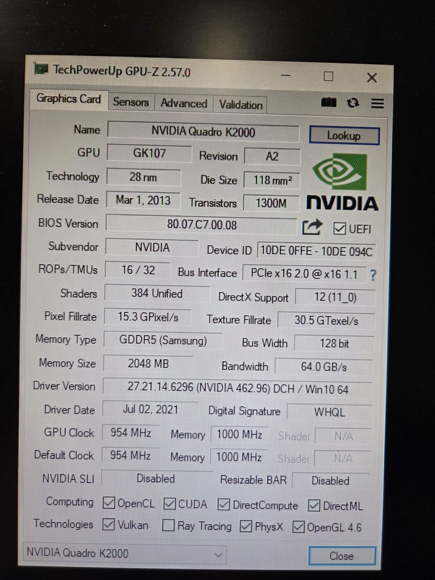 Професійна відеокарта Nvidia Quadro K2000 2Gb GDDR5 128Bit 384 CUDA