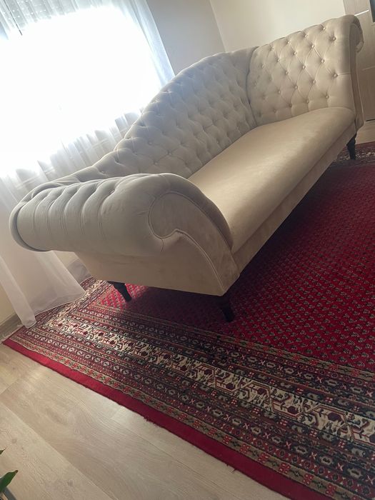 Sofa królewska welur beżowa dębowa rama stan jak nowy