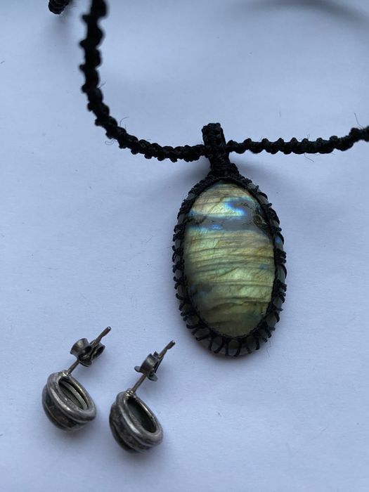 срібні сережки з камінням лабрадорит (кулон в подарунок)