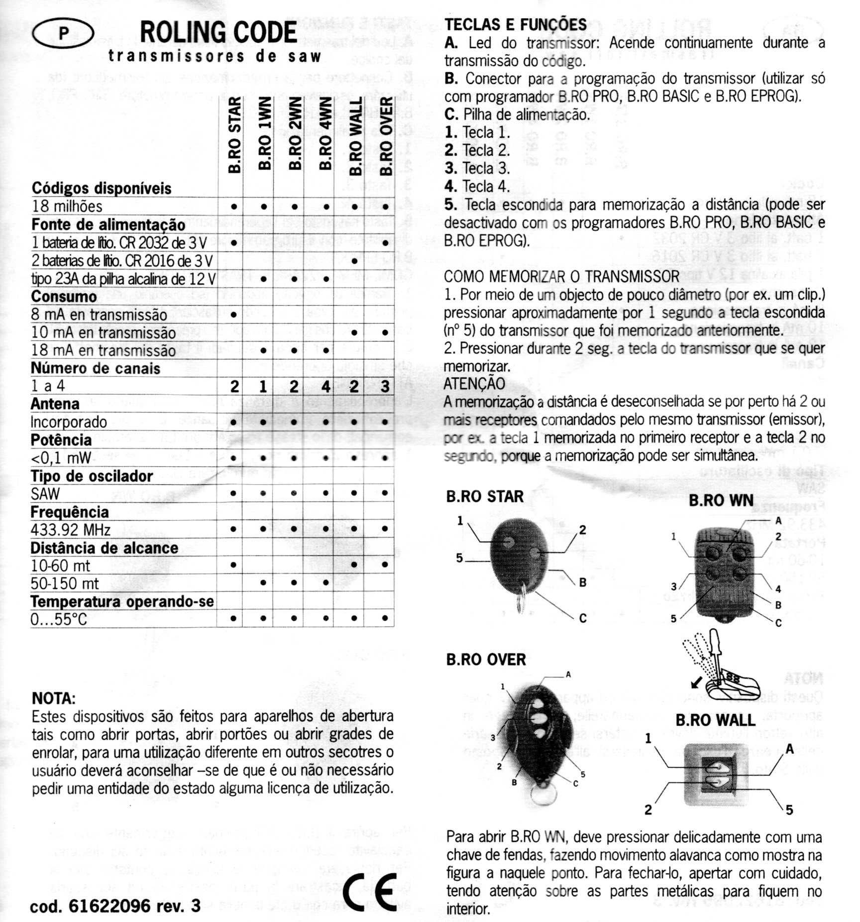 2 Comandos de abertura de Portões de Garagem - 3 botões - 433,92 MHz