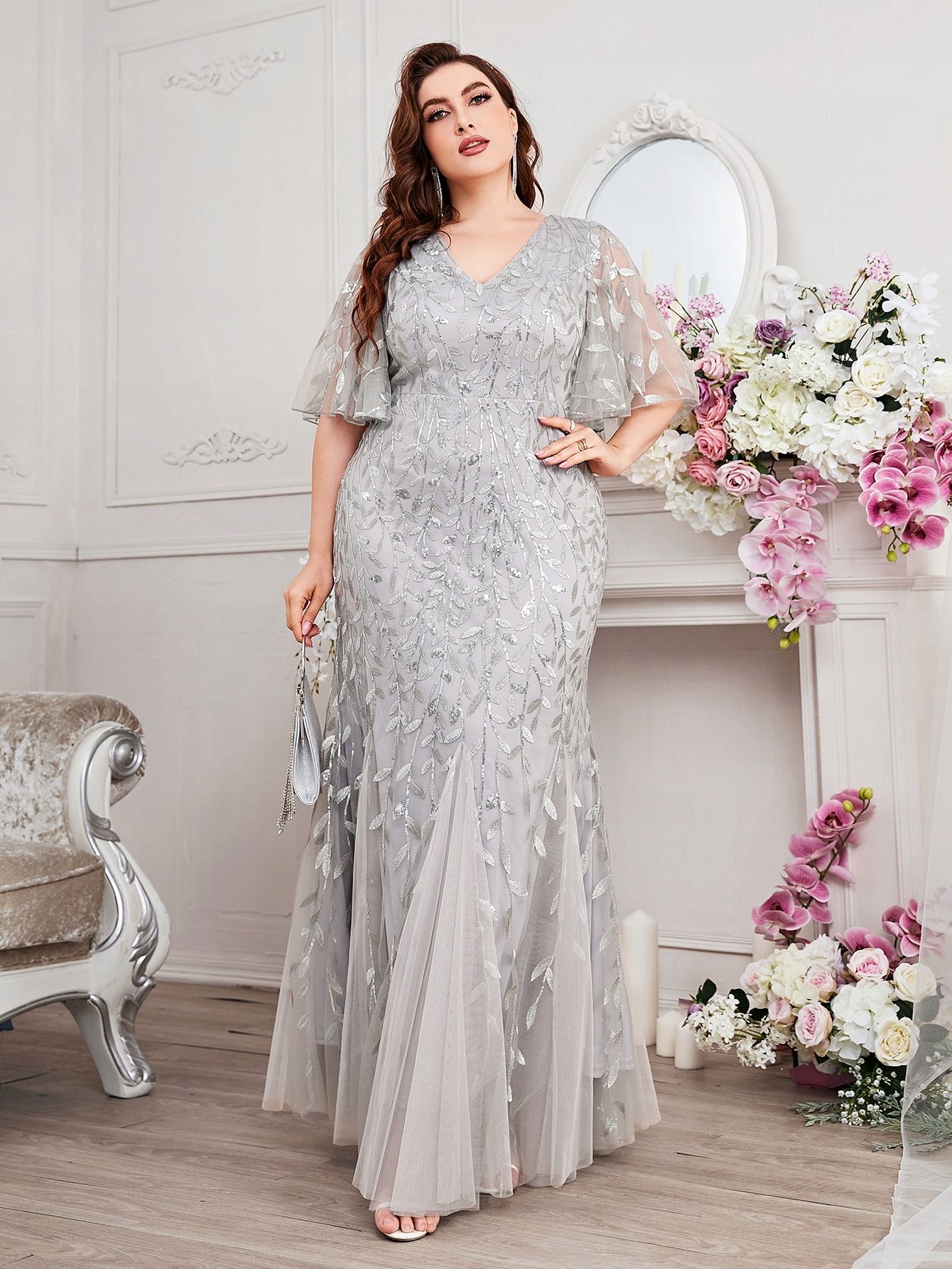 Sukienka Cekinowa Syrena W Roślinny Wzór Maxi Szara Shein 2Xl