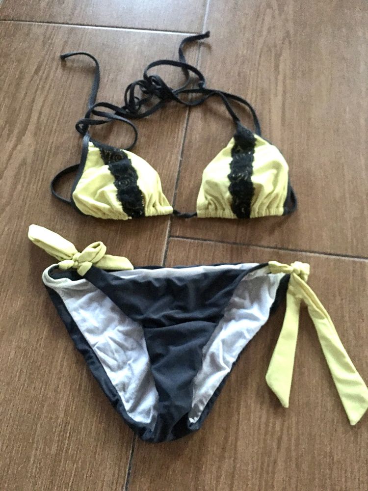 Bikini push up strój kąpielowy wkładki żółty szary koronka  s/m