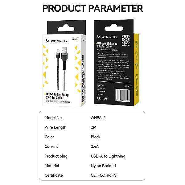 Kabel Wozinsky Wnbal2 Usb-a / Lightning 2.4a 2 m - czarny