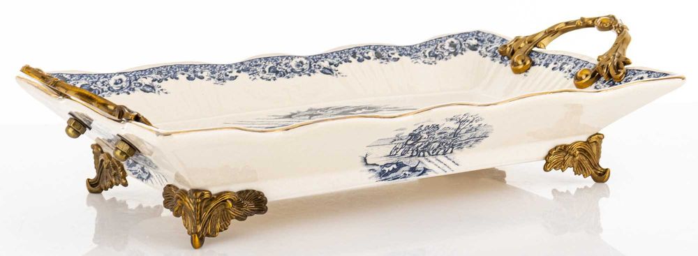 Dekoracyjna Stylowa Taca Misa Ceramiczna Biała Złota Na Nóżkach 182439