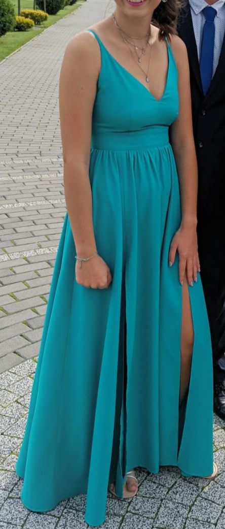 Sukienka wyjściowa błękitno-morska długa na ramiączkach