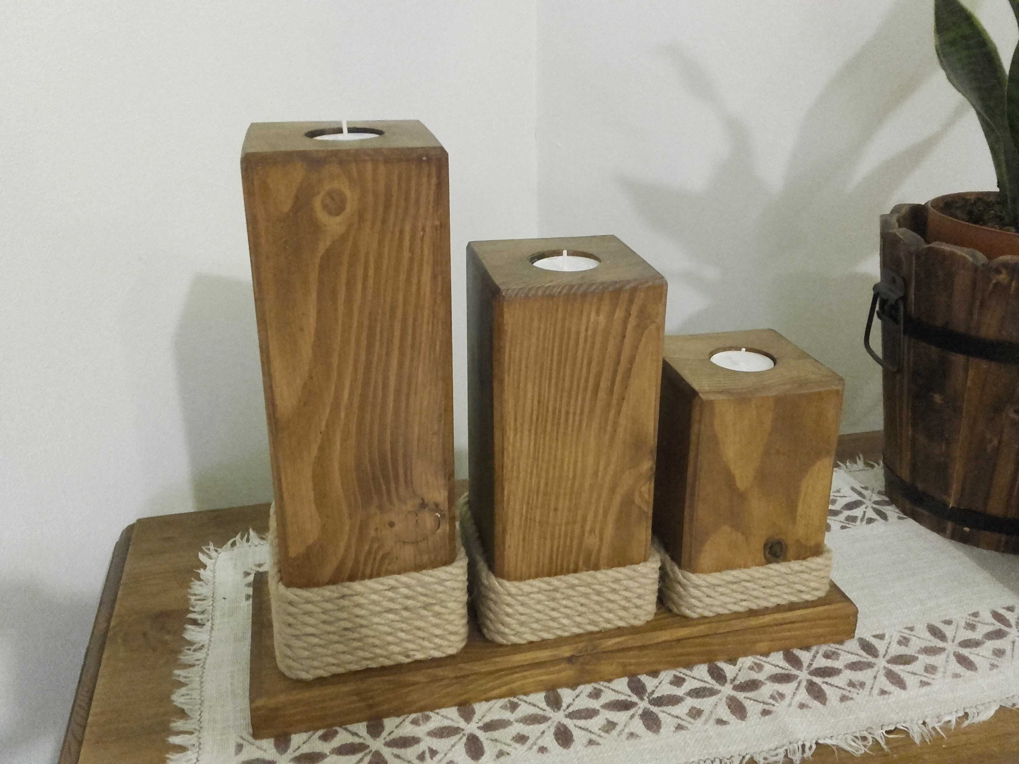 Świecznik drewniany z drewna tealight 3 elementy ozdoba prezent