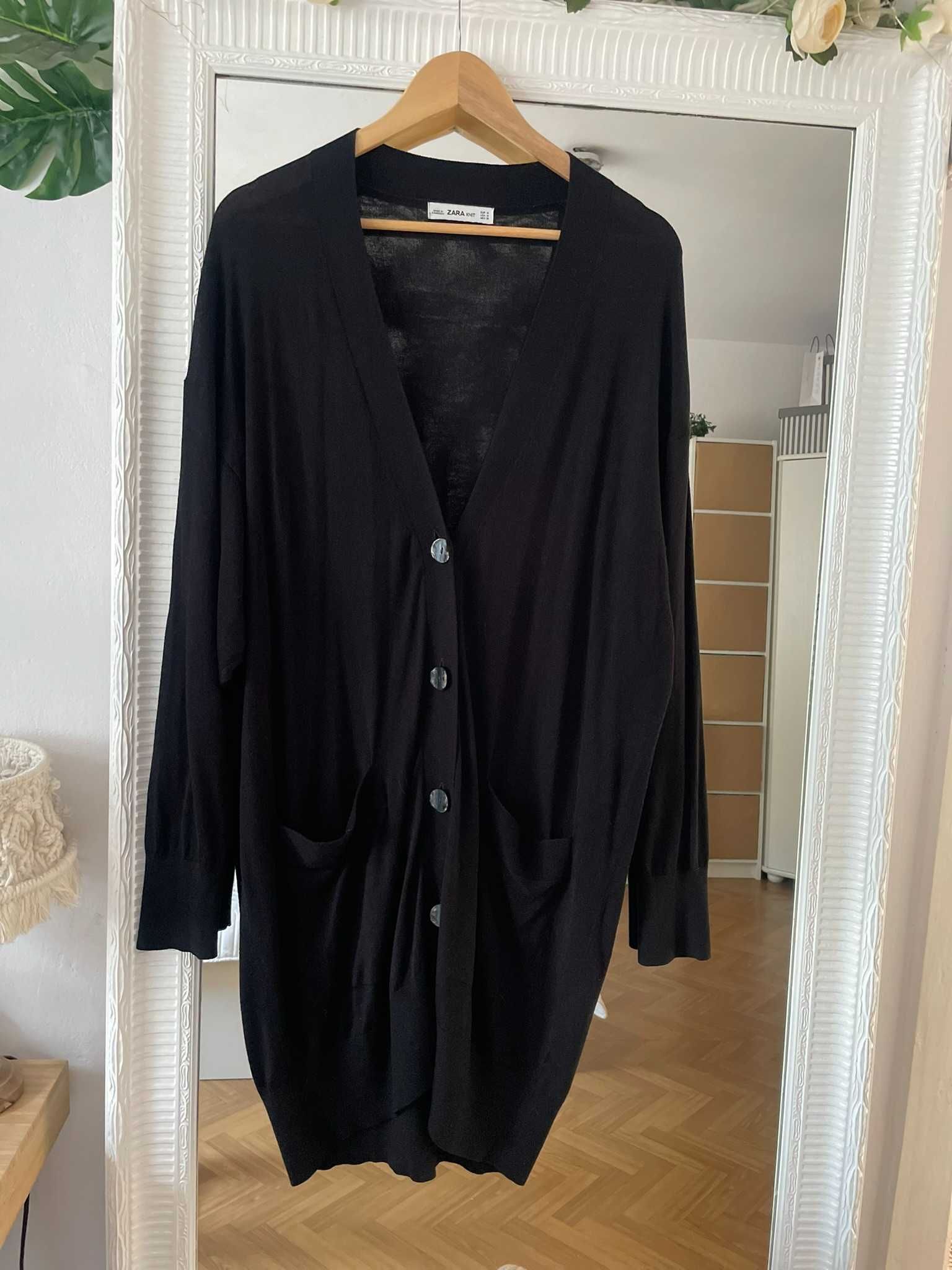 Zara kardigan czarny sweter długi cienki kieszenie wiskoza S 36 M 38