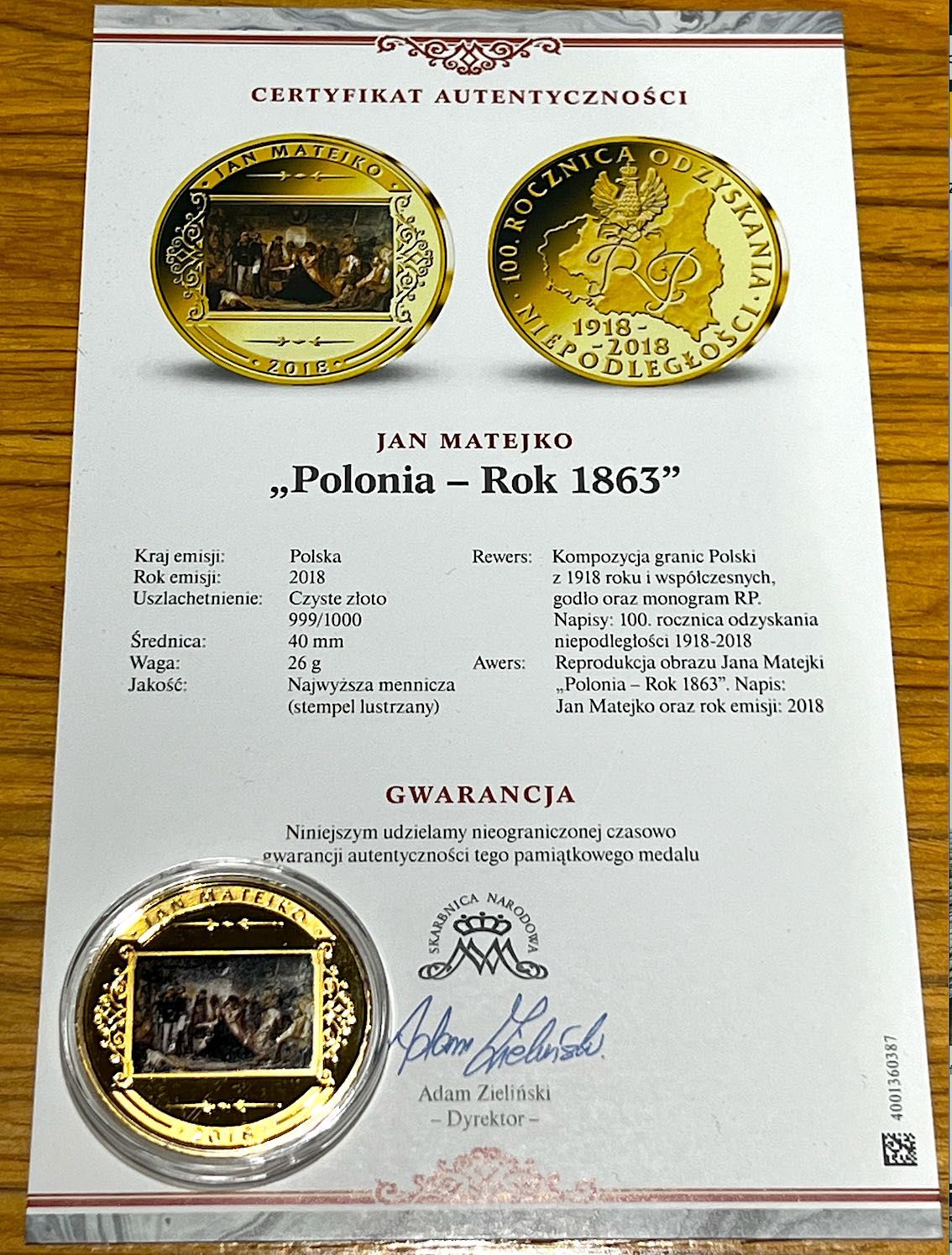 Medal z reprodukcją obrazu J. Matejki "Polonia - Rok 1863"