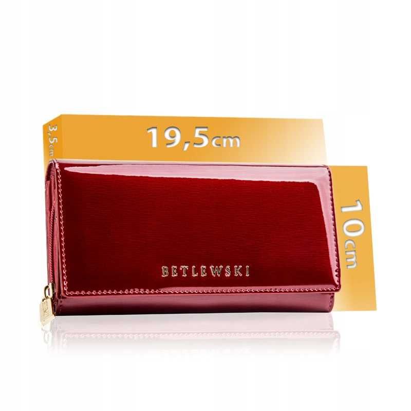 Betlewski Elegancki Portfel Damski Czerwony Skóra Naturalna RFID
