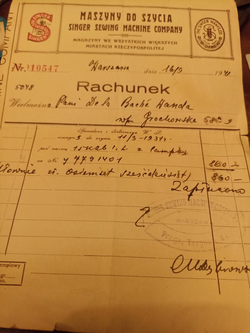 Rachunek za maszynę Singer z 1941 roku