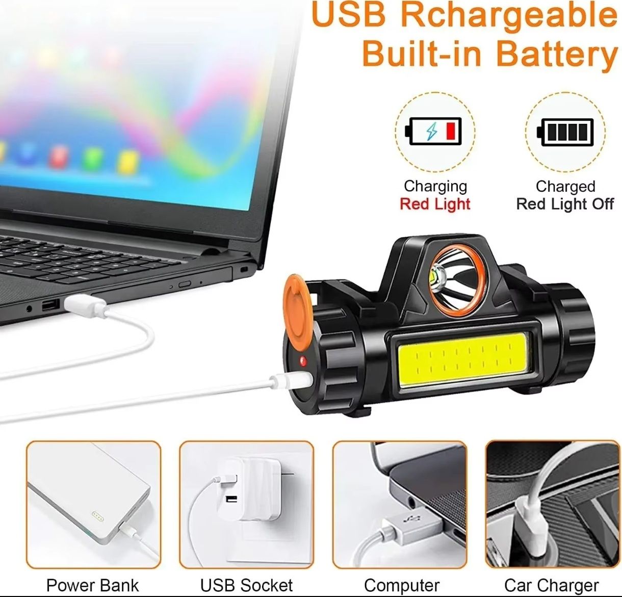 Latarka czołowa COB+XPE LED - USB charge.