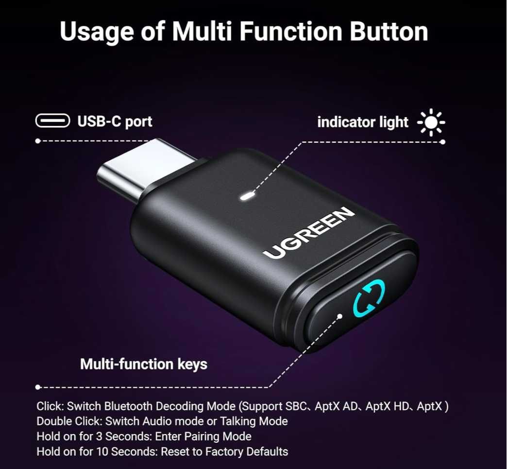 UGREEN 5.3 USB Bluetooth-адаптера, aptX Adaptive аудиопередатчик BT501