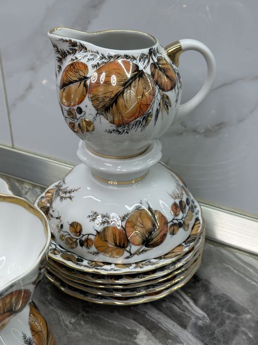 Вінтажний з кістяної порцеляни чайний сервіз Золота осінь ЛПЗ ЛФЗ