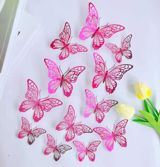 Magenta Intensywny Róż Czerwień Czerwone Motyle 3D Duże ozdoby 12 szt