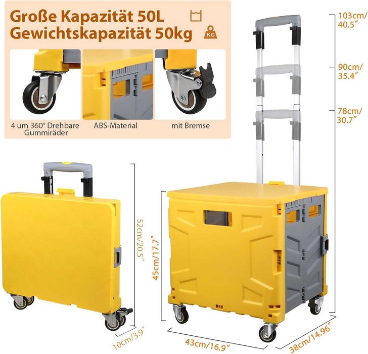 Складаний візок до 50 кг,50 л,металеві колеса, 103 x 43 x 38 см