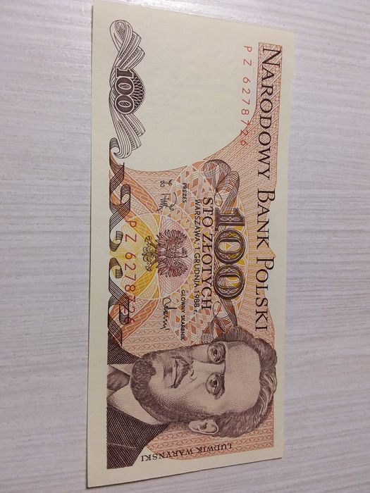 Banknot kolekcjonerski 100 zl Warynski 1988 seria PZ Radar