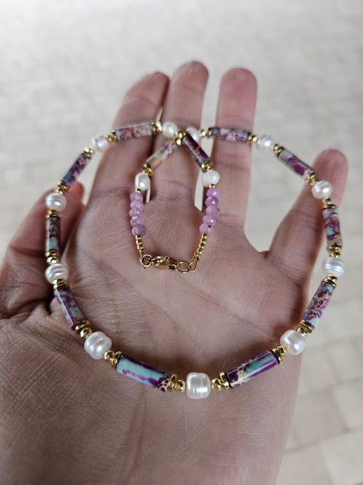 Naszyjnik kamienie naturalne Perły naturalne Jaspis Cesarski Hematyt