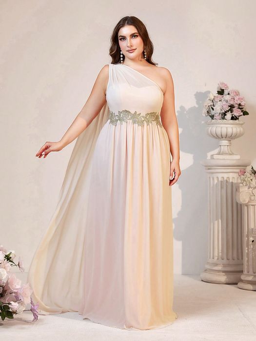 Sukienka Wieczorowa Szyfonowa Na Jedno Ramię Z Peleryną Maxi Shein 3Xl