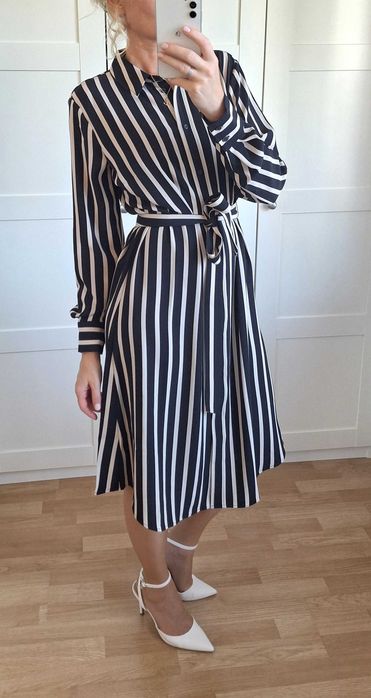 Sukienka Midi w Czarno Beżowe Paski H&M z Paskiem Szmizjerka  M