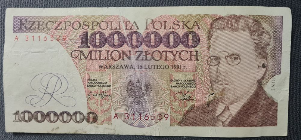 Banknot milion zł 1991 rok seria A stan 3+