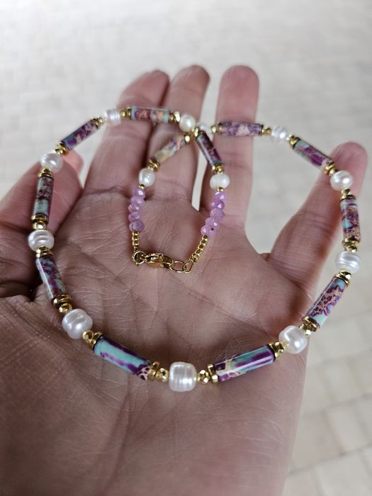 Naszyjnik kamienie naturalne Perły naturalne Jaspis Cesarski Hematyt