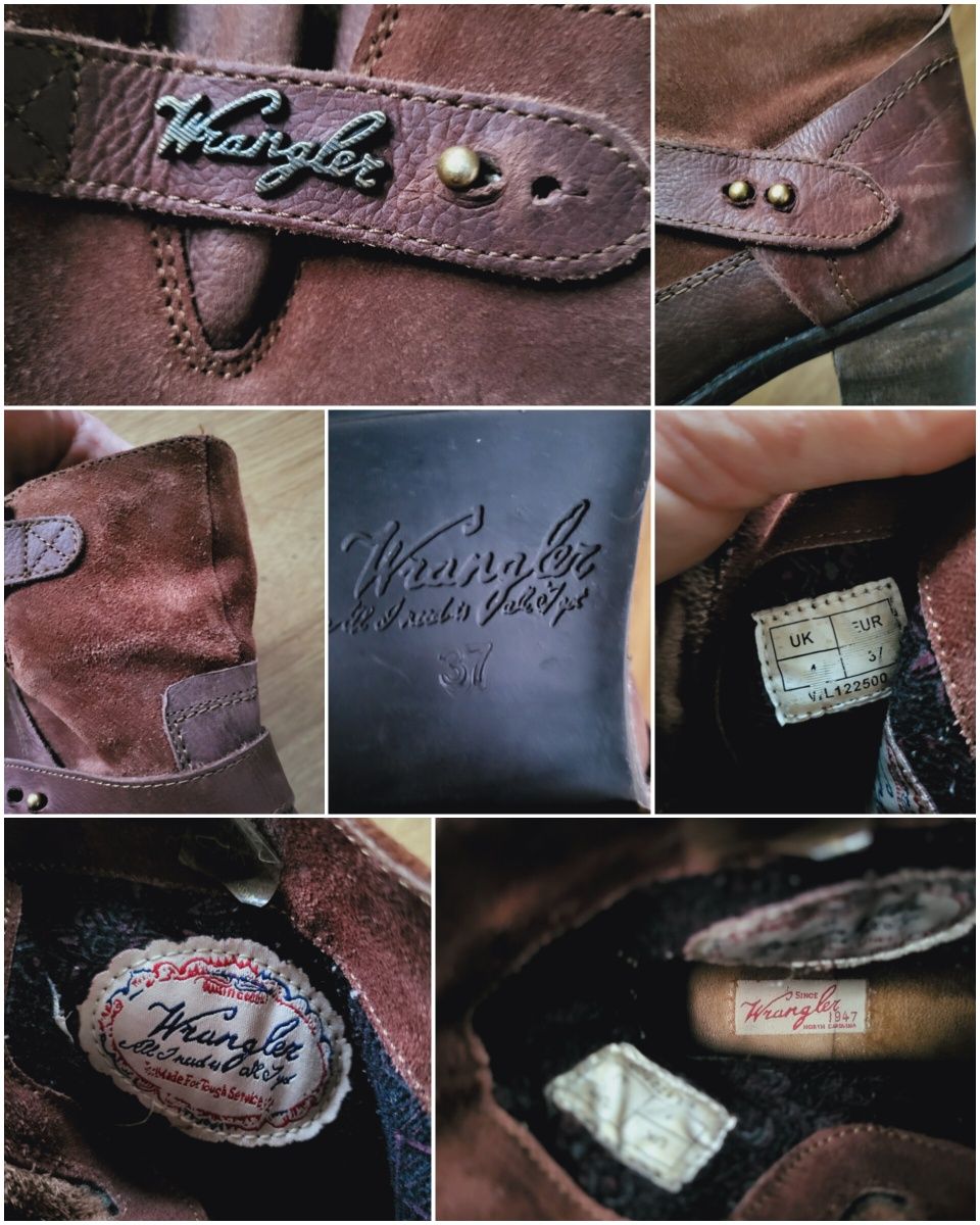 Brązowe botki skórzane zamszowe Wrangler 36 ze sprzączkami