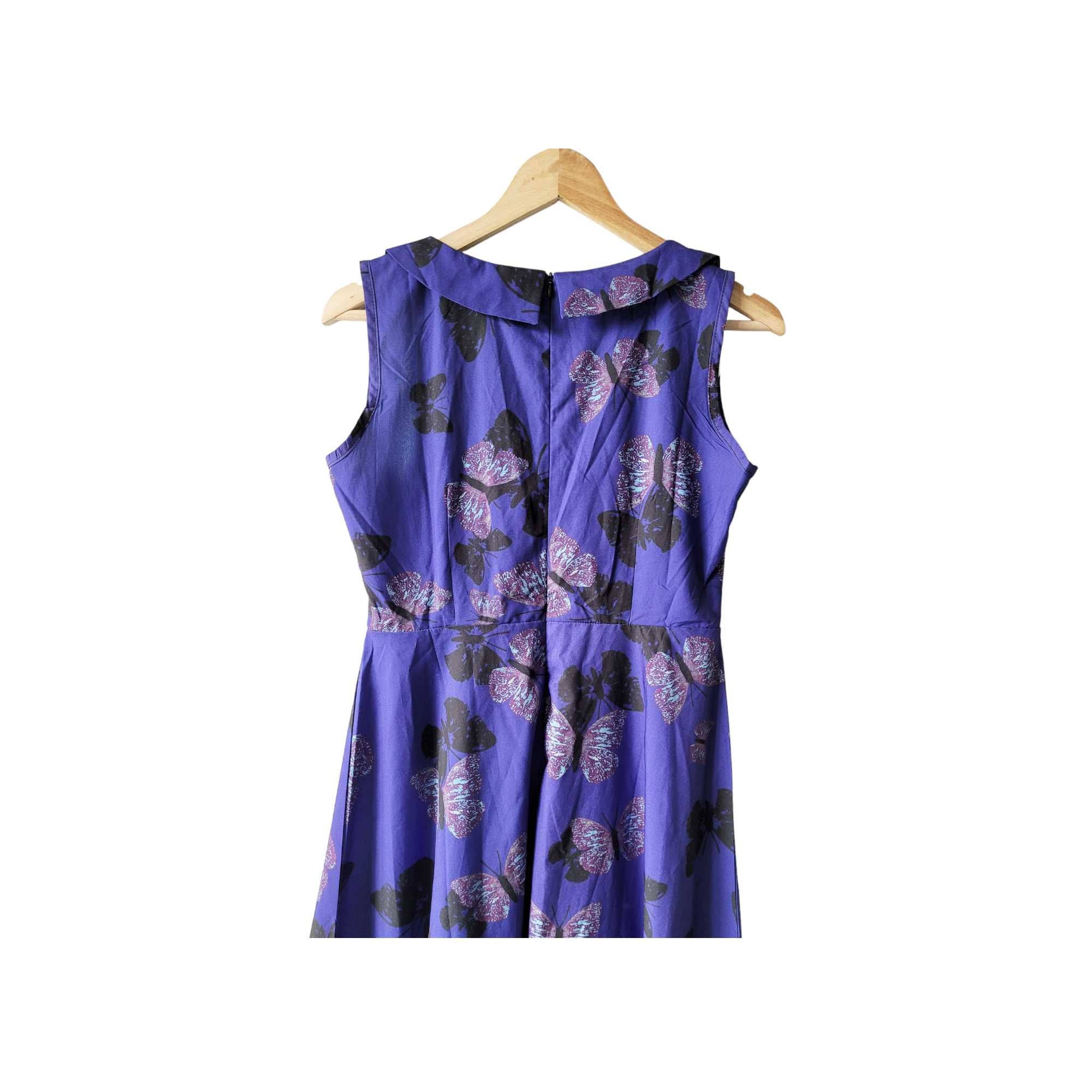 Granatowa fioletowa koreańska rozkloszowana sukienka midi M L w motyle
