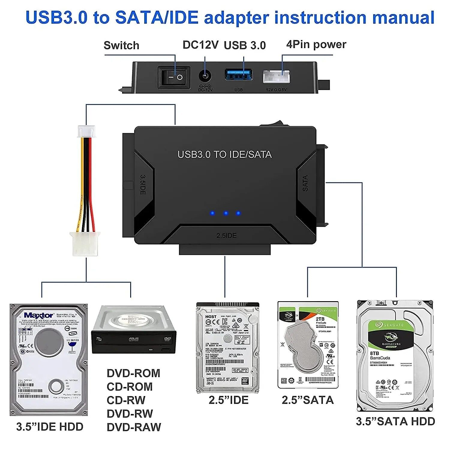 Адаптер переходник USB 3.0, HDD 2,5/3,5, SATA,dvd,SSD жёсткий диск IDE