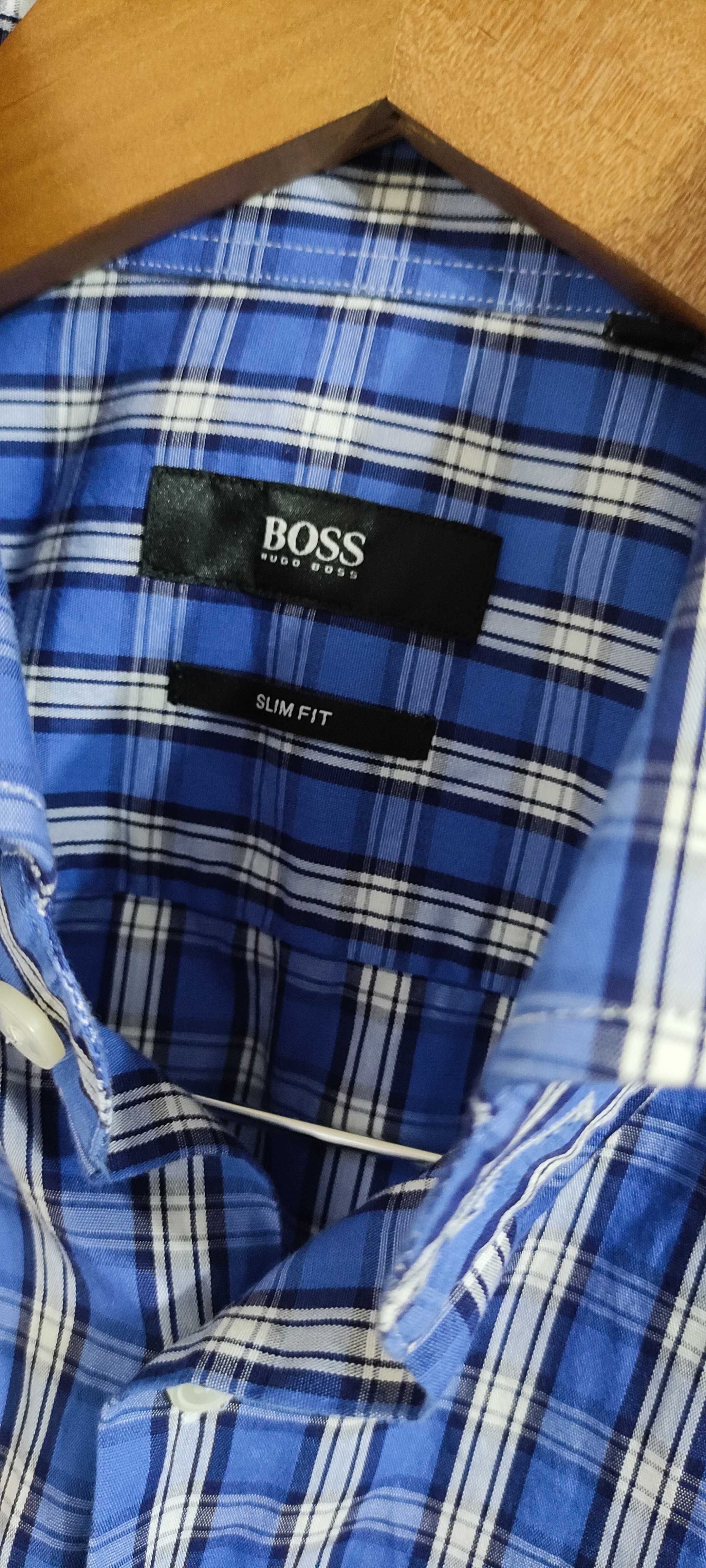 Koszula niebieska biała czarna w kratę krata Boss męska