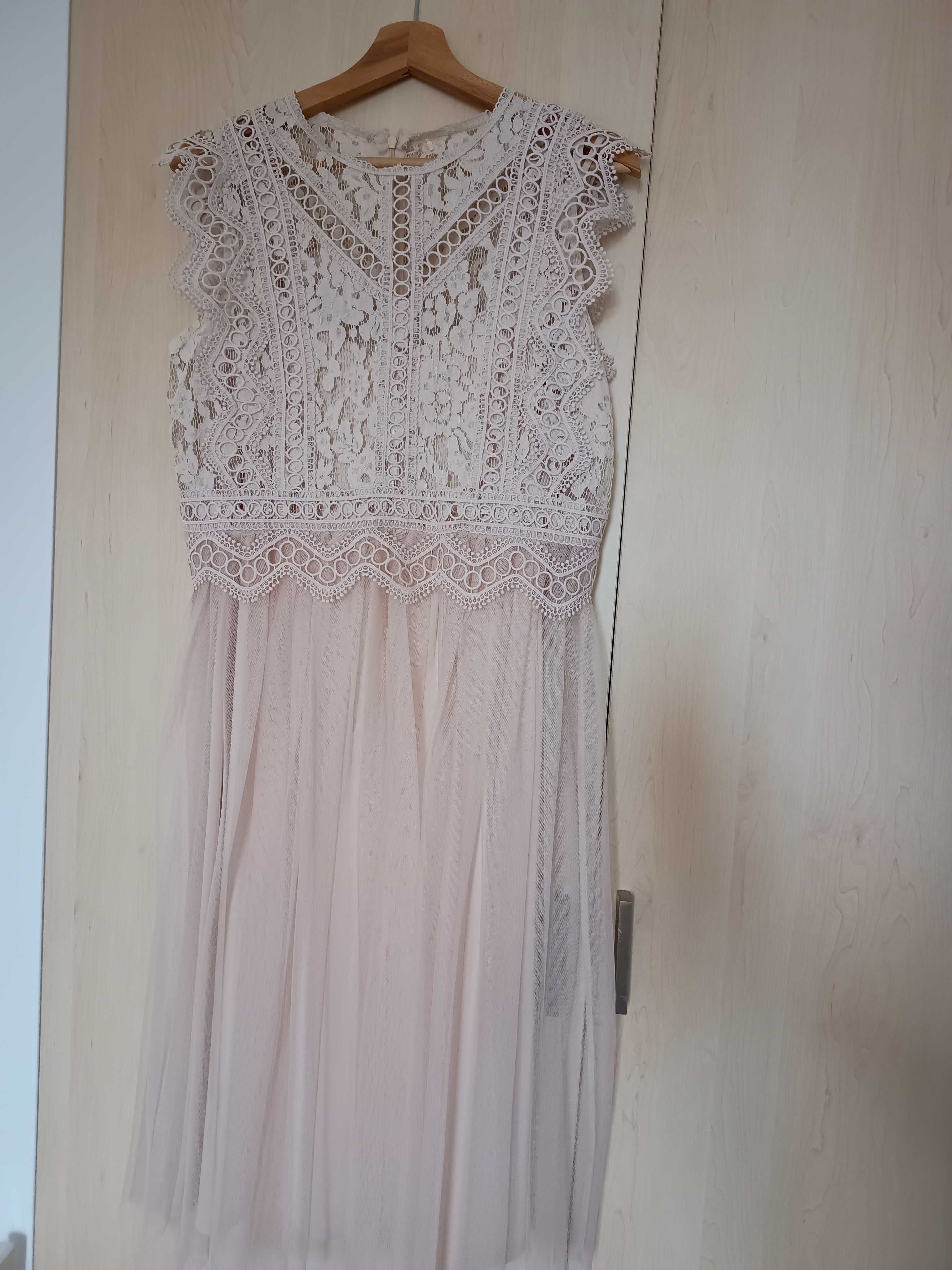 Sukienka ślubna/koktajlowa ESPRIT w stylu boho, pudrowy róż, rozmiar L