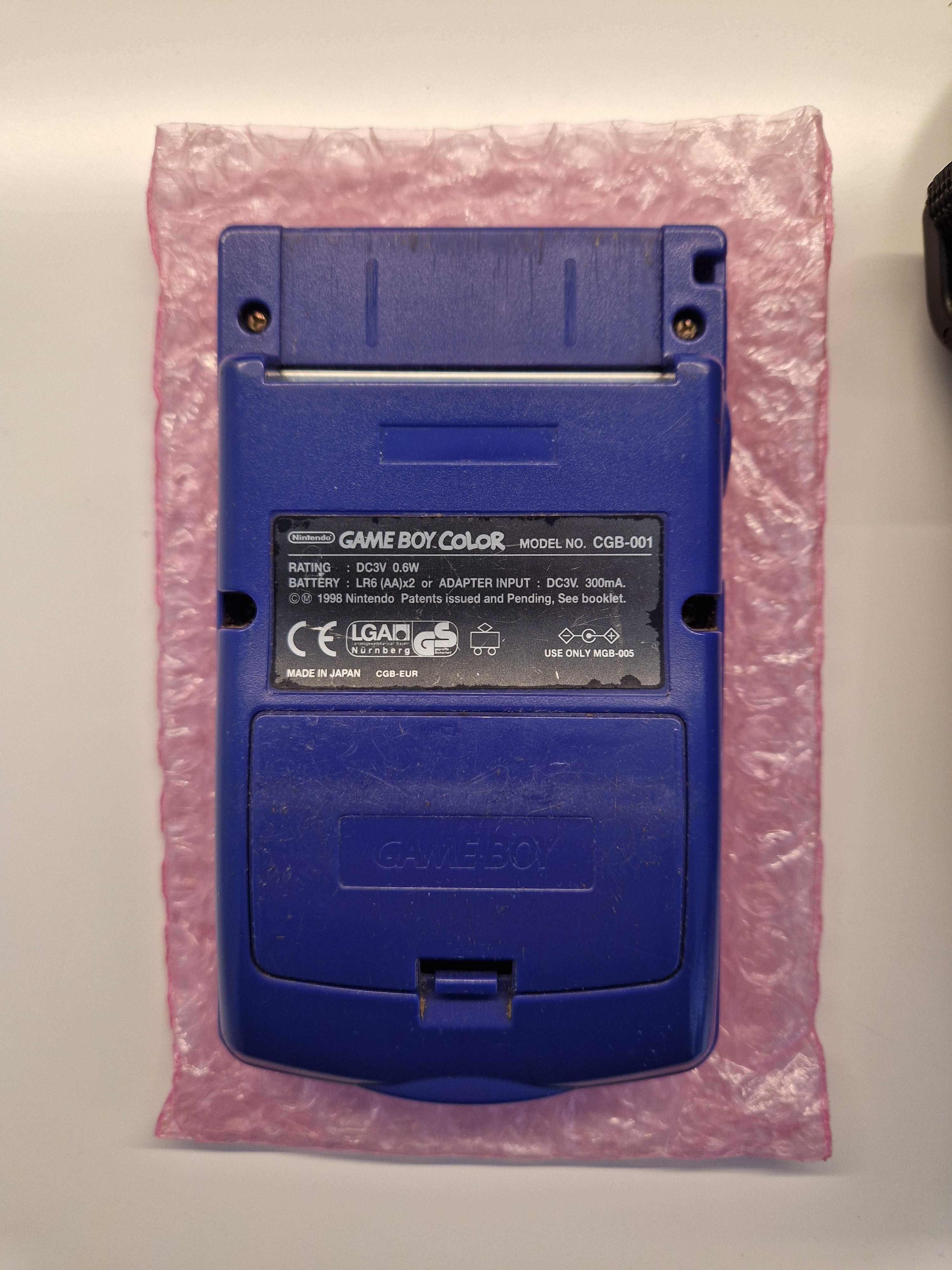 Gameboy Color roxo com 7 jogos, cabo para conectar 2 gameboys e bolsa
