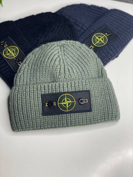 Мужская шапка STONE ISLAND зимняя с патчем вязанная двойная Черная Хак