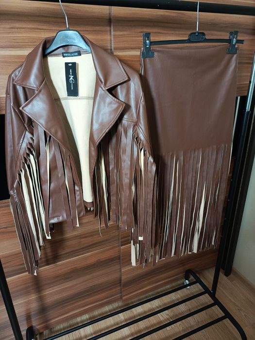 Komplet z frędzlami ramoneska spódnica brązowy.