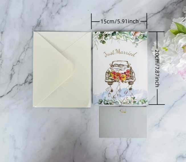 Elegancka Kartka Gratulacyjna "Just Married" - Samochód z Kwiatami!
