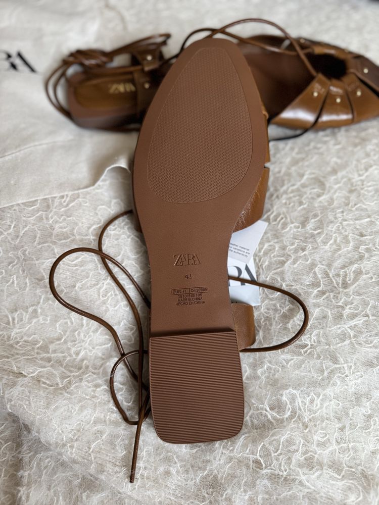 Zara skóra naturalna brązowe sandały rzymianki wiązane 41
